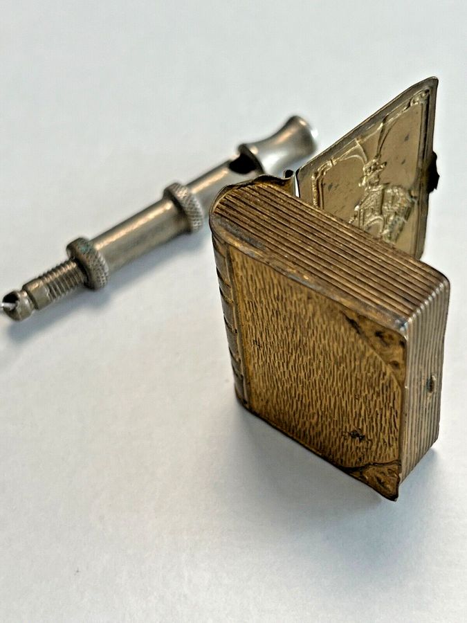 Antique White Metal Whistle and Brass Pill Snuff Box in the Form of Holy Book