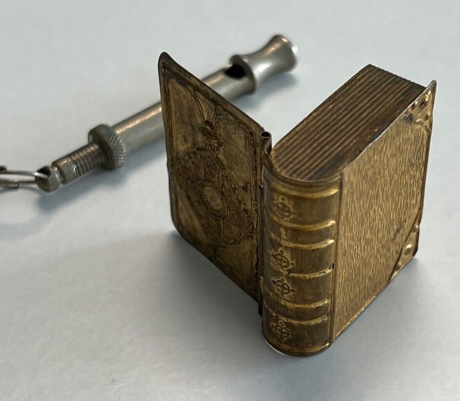 Antique White Metal Whistle and Brass Pill Snuff Box in the Form of Holy Book