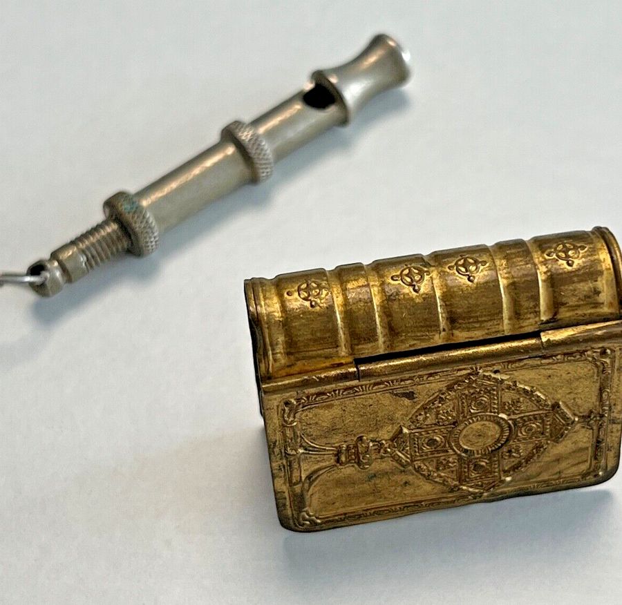 Antique White Metal Whistle and Brass Pill Snuff Box in the Form of Holy Book