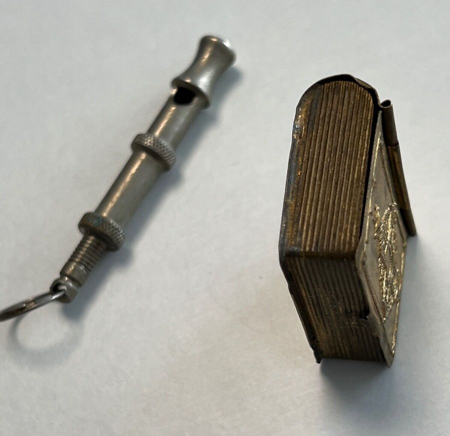 Antique White Metal Whistle and Brass Pill Snuff Box in the Form of Holy Book