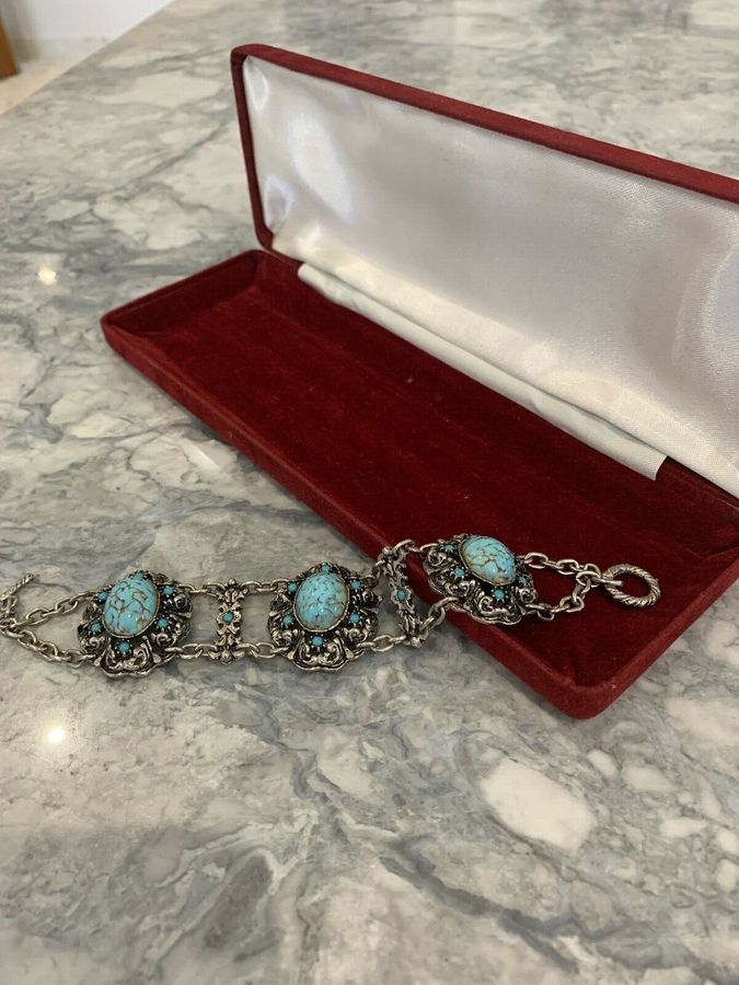 Antique Vintage Costume Bracelet Set with Turquoise Matrix