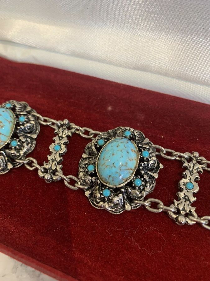 Antique Vintage Costume Bracelet Set with Turquoise Matrix