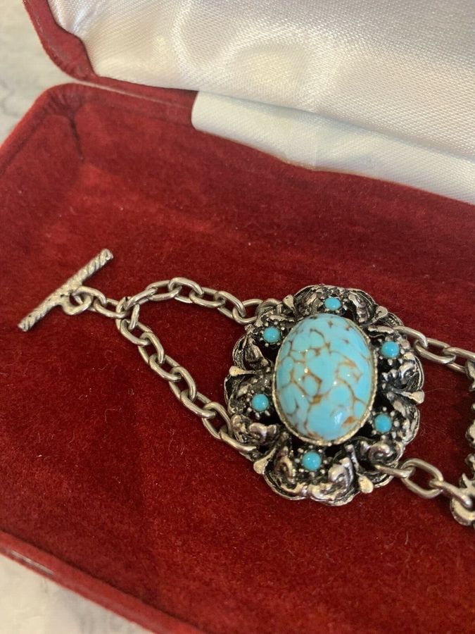 Antique Vintage Costume Bracelet Set with Turquoise Matrix