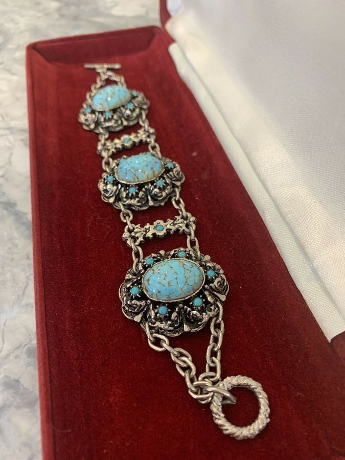 Antique Vintage Costume Bracelet Set with Turquoise Matrix