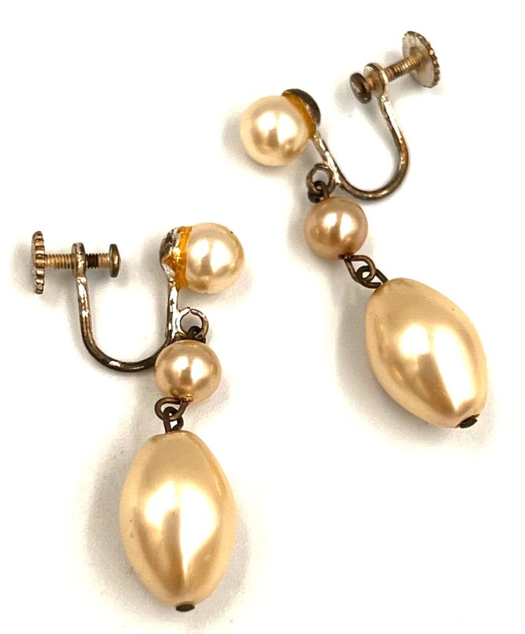 Antique Antique Art Deco Silver Screw Back Pearl Dangle Drop Earrings