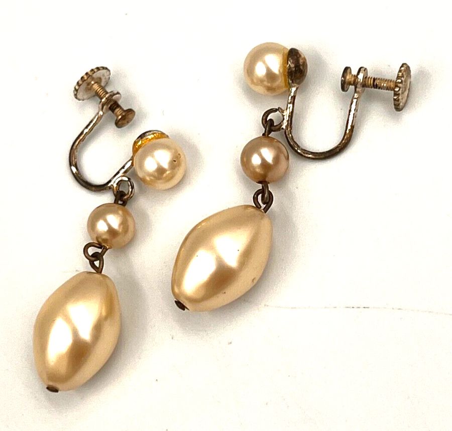 Antique Antique Art Deco Silver Screw Back Pearl Dangle Drop Earrings