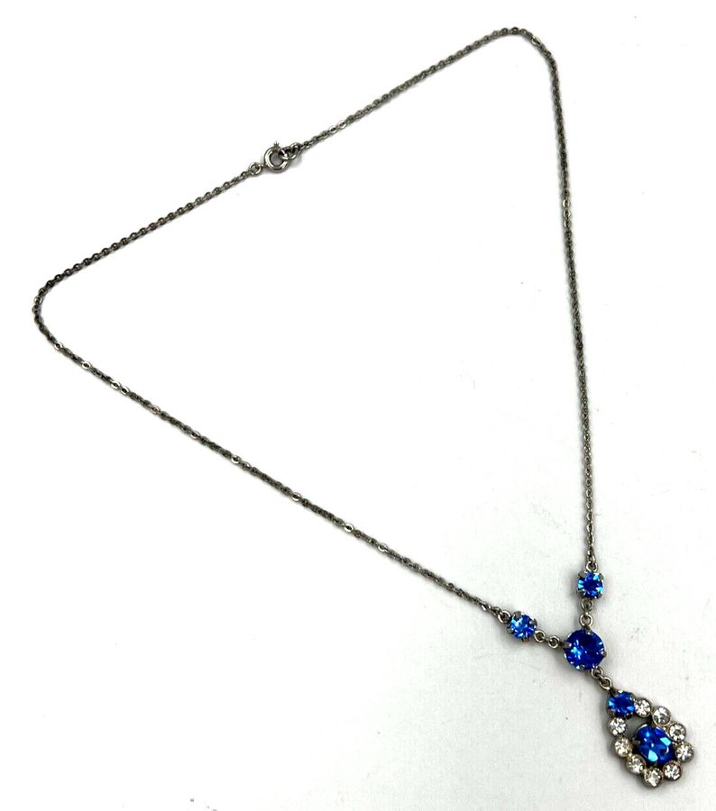 Antique Antique Lavaliere Art Deco Necklace Choker C 1920s Silver Czech Blue & Clear