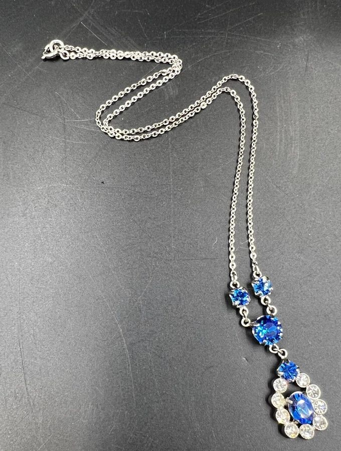 Antique Antique Lavaliere Art Deco Necklace Choker C 1920s Silver Czech Blue & Clear