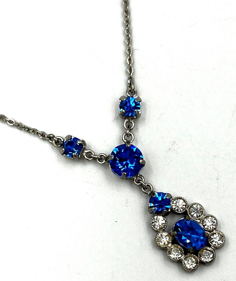 Antique Antique Lavaliere Art Deco Necklace Choker C 1920s Silver Czech Blue & Clear