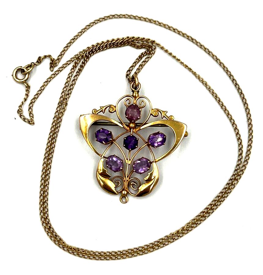 Antique Antique Art Nouveau 9CT Gold Openwork Amethyst Pendant Brooch & 9CT Gold Chain