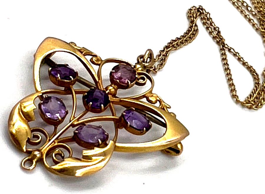 Antique Antique Art Nouveau 9CT Gold Openwork Amethyst Pendant Brooch & 9CT Gold Chain