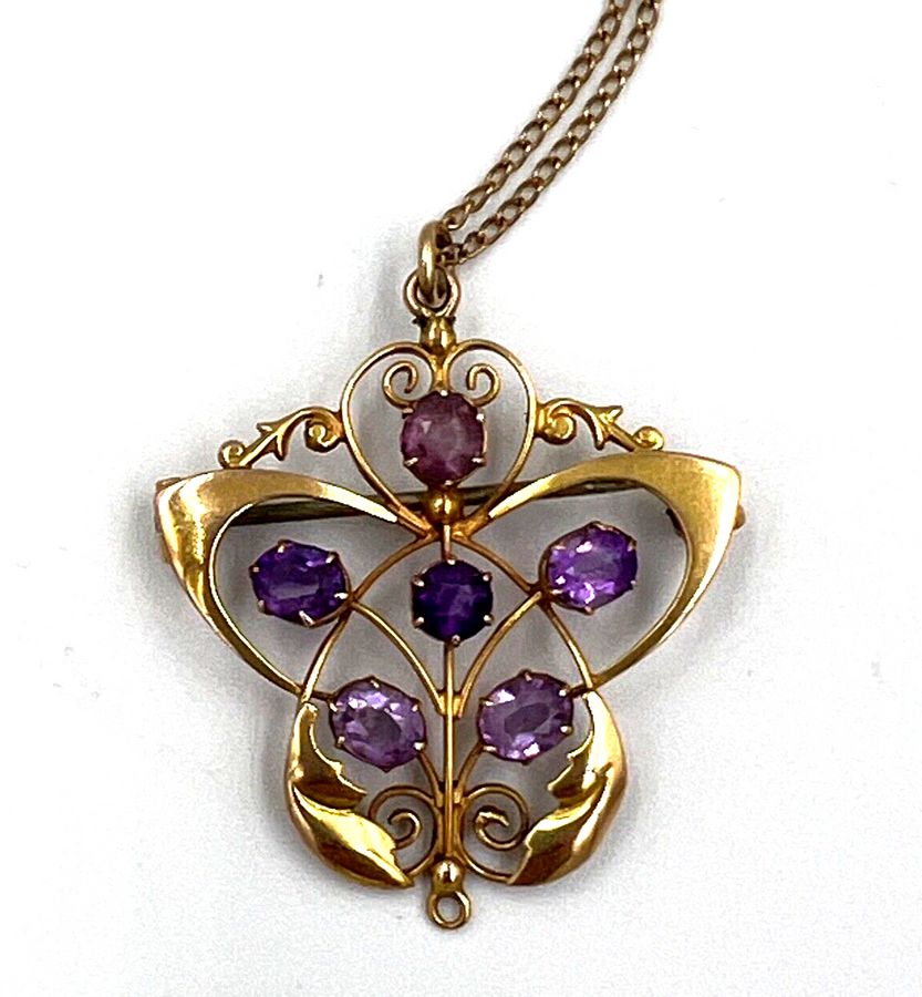 Antique Antique Art Nouveau 9CT Gold Openwork Amethyst Pendant Brooch & 9CT Gold Chain