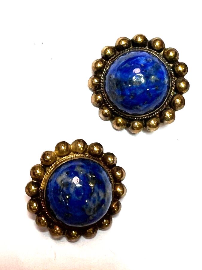 Antique Antique Art Deco Silver Gilt Lapis Lazuli Earrings Clip On Hallmarked