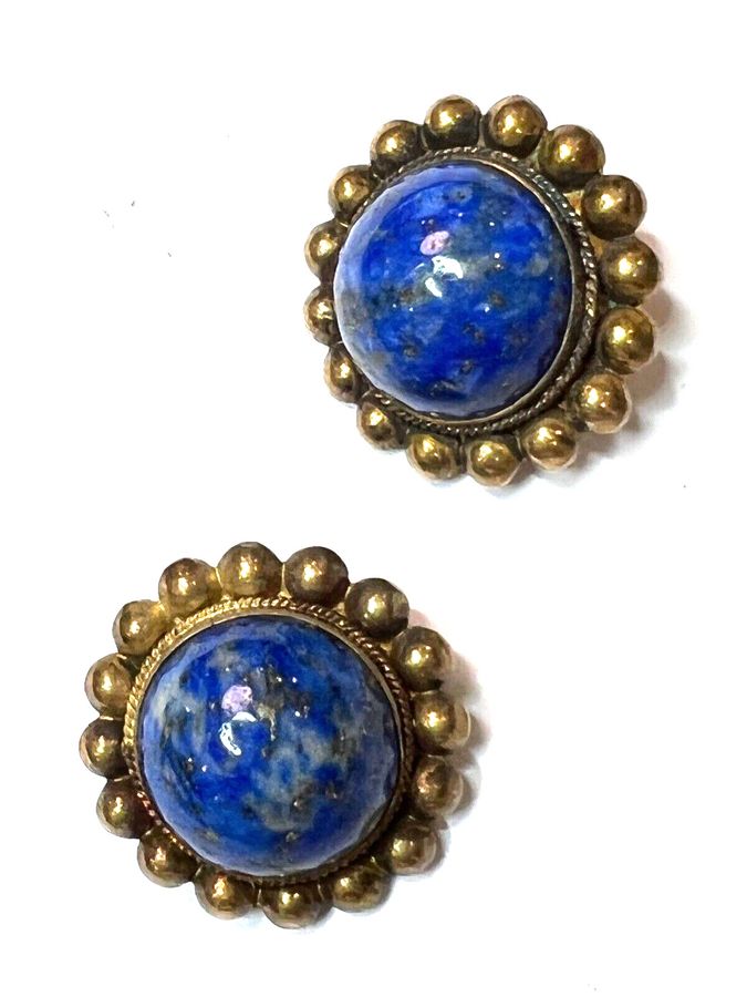 Antique Antique Art Deco Silver Gilt Lapis Lazuli Earrings Clip On Hallmarked