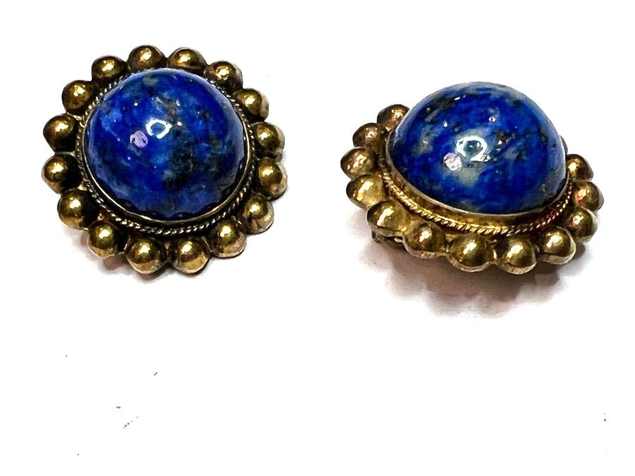 Antique Antique Art Deco Silver Gilt Lapis Lazuli Earrings Clip On Hallmarked