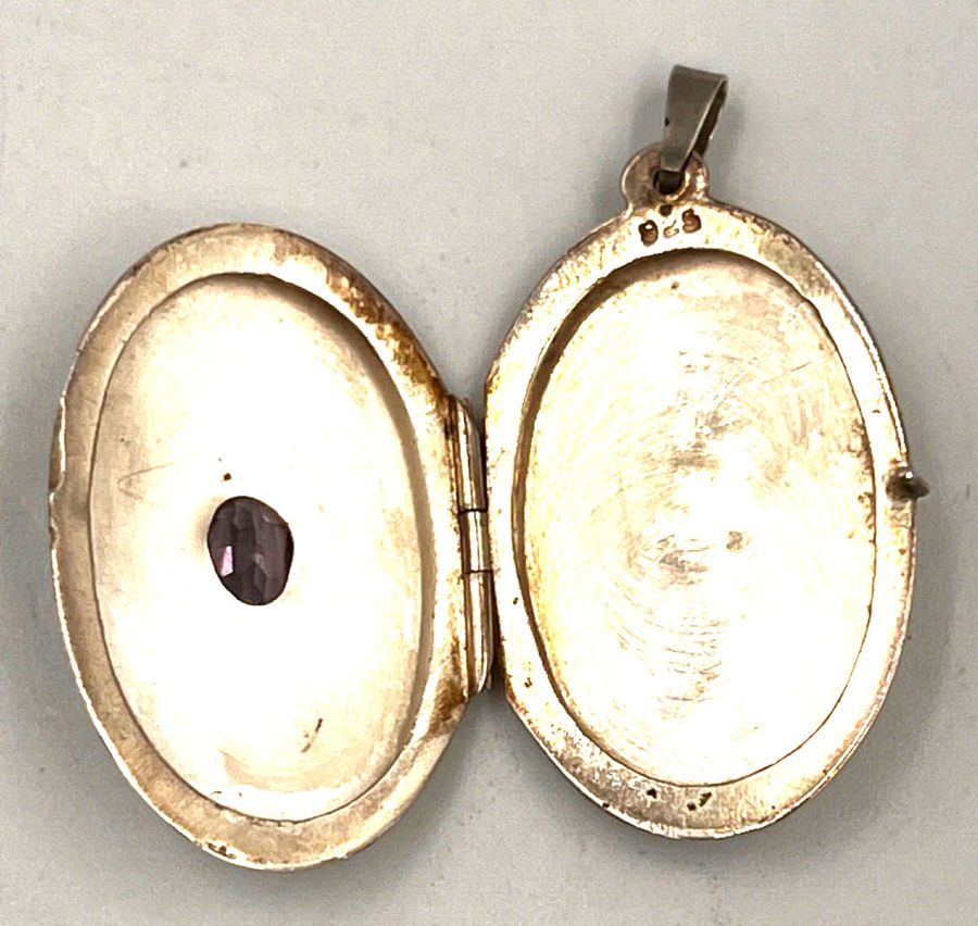 Antique Antique Edwardian Sterling Silver Double Locket Pendant Set with An Amethyst