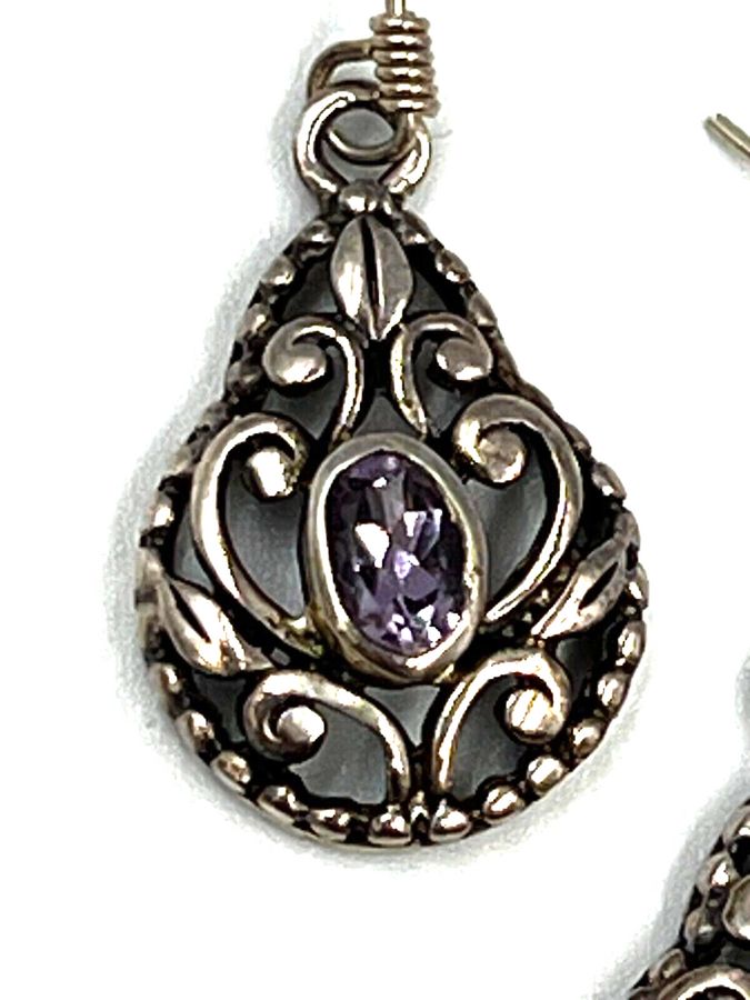 Antique Vintage Sterling Silver Natural Amethyst Drop Dangle Earrings Pierced Ears