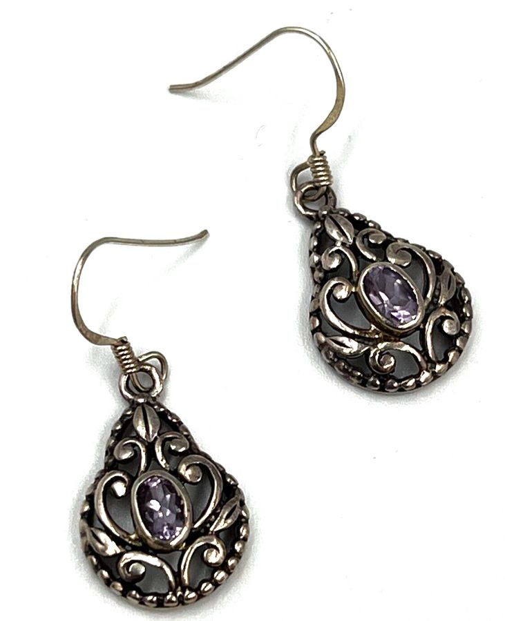 Antique Vintage Sterling Silver Natural Amethyst Drop Dangle Earrings Pierced Ears