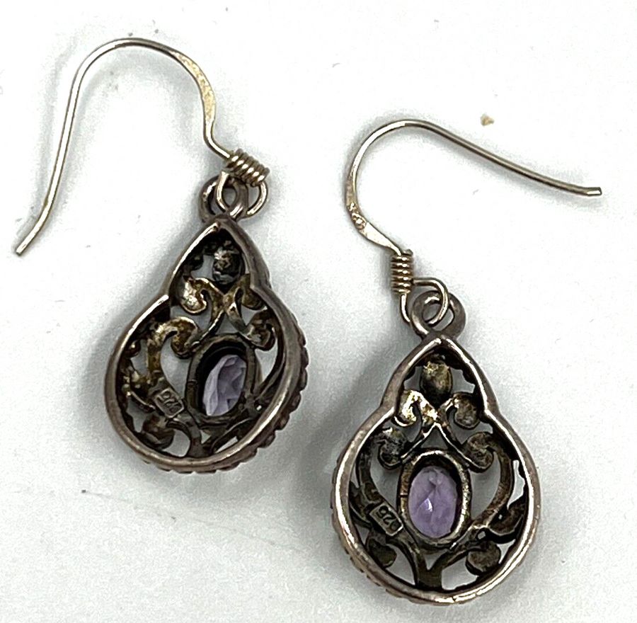 Antique Vintage Sterling Silver Natural Amethyst Drop Dangle Earrings Pierced Ears