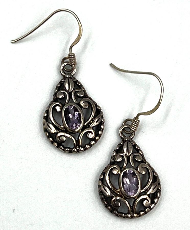 Antique Vintage Sterling Silver Natural Amethyst Drop Dangle Earrings Pierced Ears