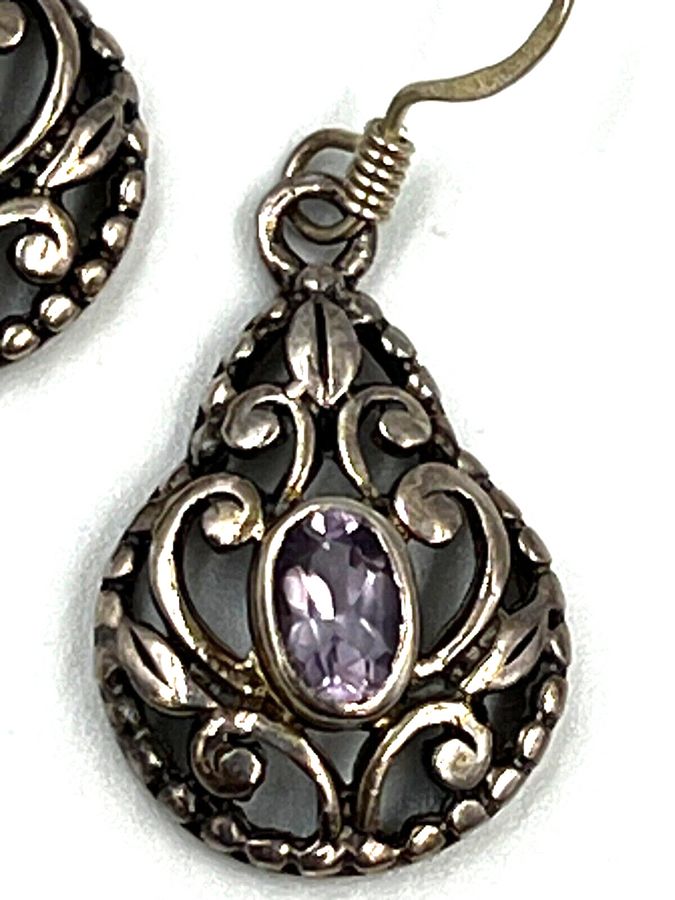 Antique Vintage Sterling Silver Natural Amethyst Drop Dangle Earrings Pierced Ears