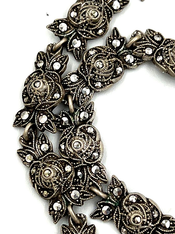 Antique Antique Art Deco Solid Silver Long Articulated Necklace Set with Marcasite