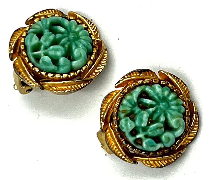 Antique Vintage Art Deco Jade Peking Glass Clip on Earrings