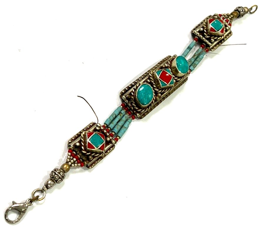 Antique Antique Silver Tibetan/nepalese Turquoise and Coral Bracelet  Handmade