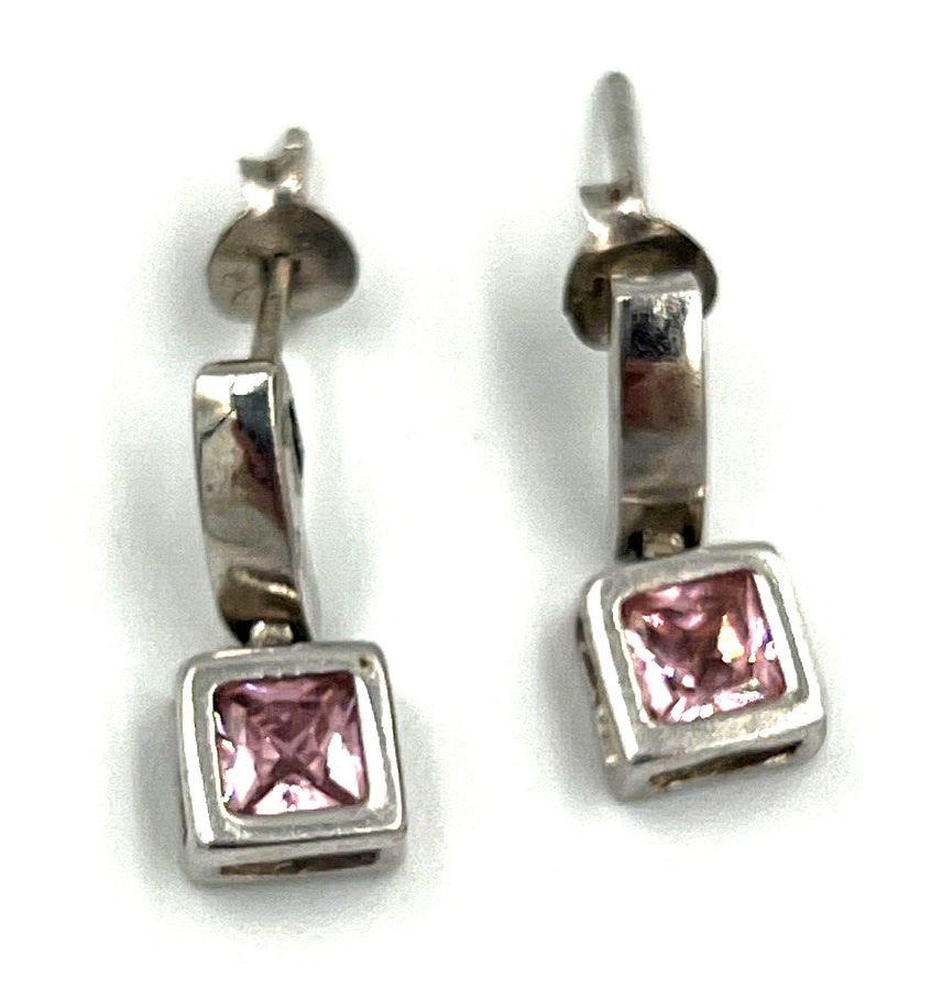 Antique Vintage Solid Silver & Pink Sapphire Drop Earrings Hallmarked Pierced Ears