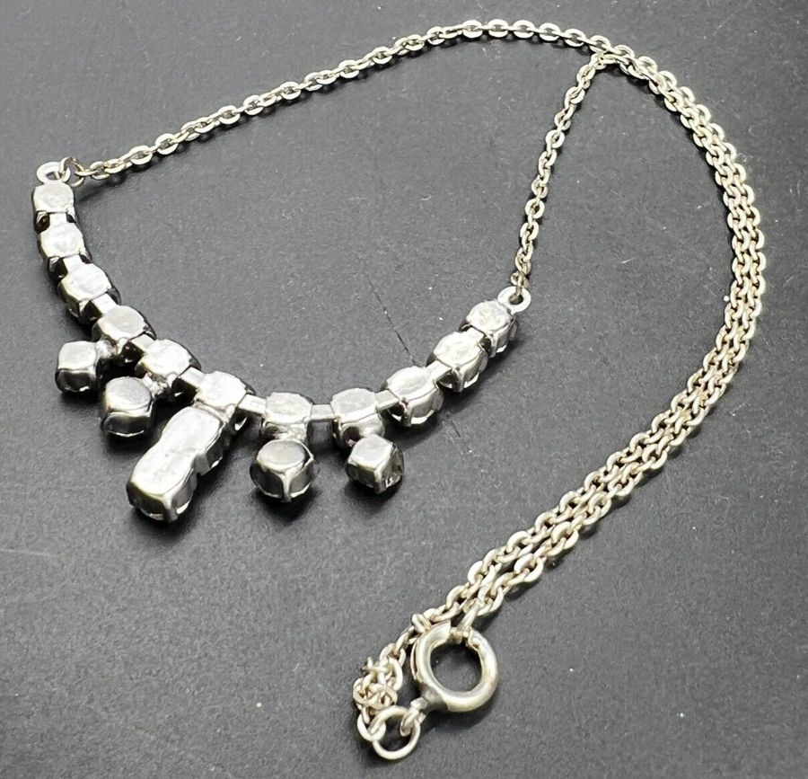 Antique Antique Lavaliere Art Deco Necklace Choker C 1920s Silver Czech Clear Stones