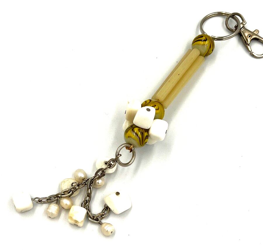 Antique Venetian Glass Czech Milk Glass and Natural Baroque Pearls keyring