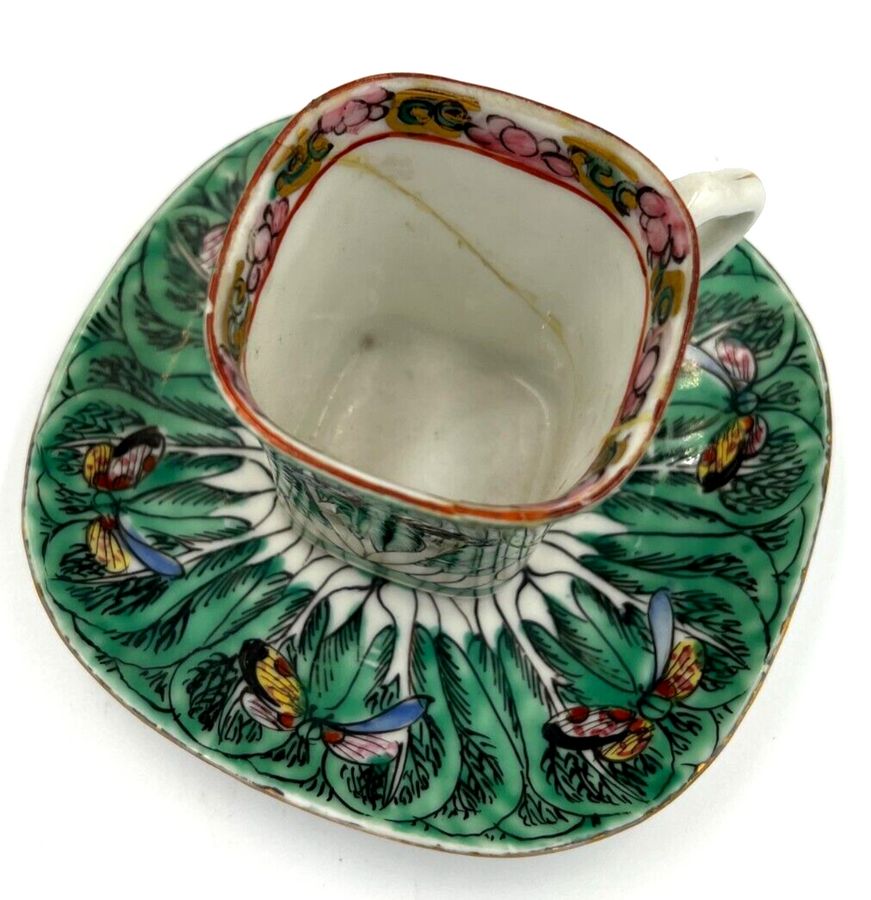 Antique Antique Art Deco Hong Kong Square Cup Saucer Coffee Demi Tasse Hand Painted A/F