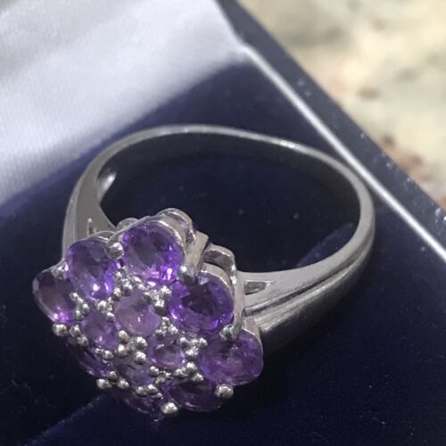 Antique Vintage Solid Silver Ring set with Amethysts Hallmarked Size N