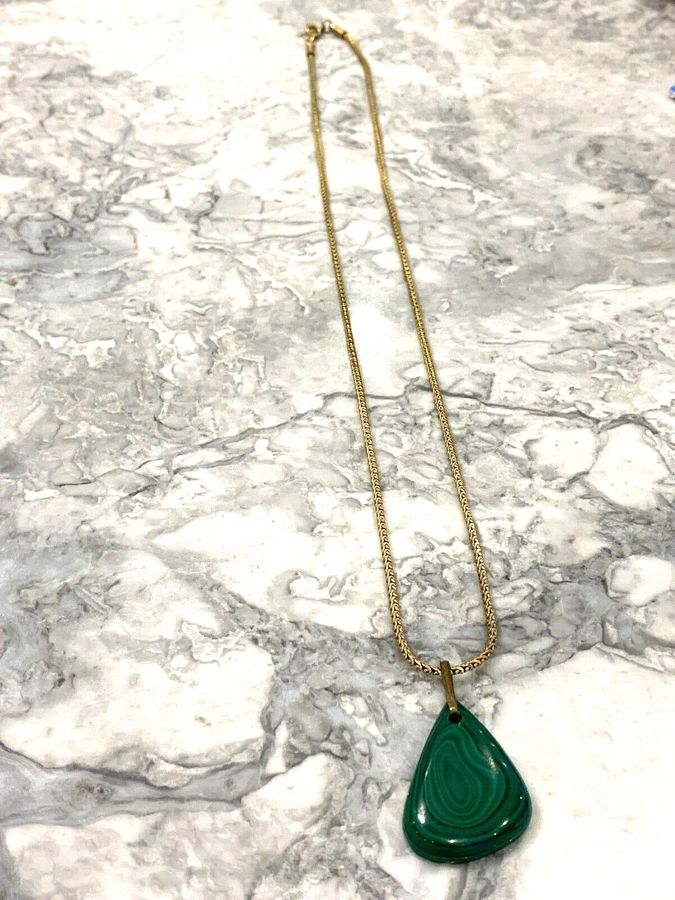 Antique Vintage Art Deco Natural Hand Cut Malachite Pendant on Long Chain