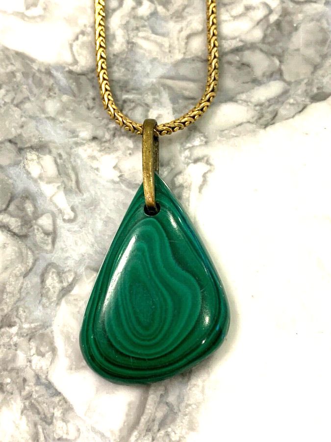 Antique Vintage Art Deco Natural Hand Cut Malachite Pendant on Long Chain