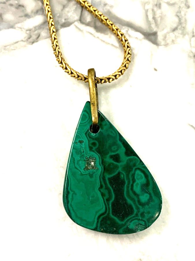 Antique Vintage Art Deco Natural Hand Cut Malachite Pendant on Long Chain