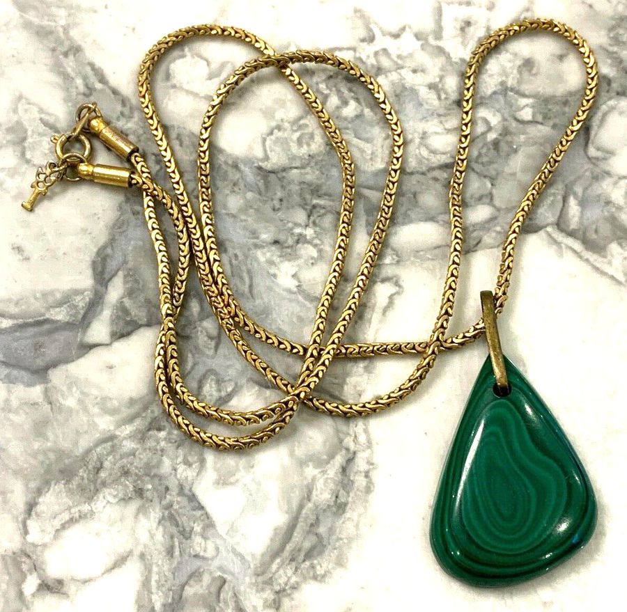 Antique Vintage Art Deco Natural Hand Cut Malachite Pendant on Long Chain