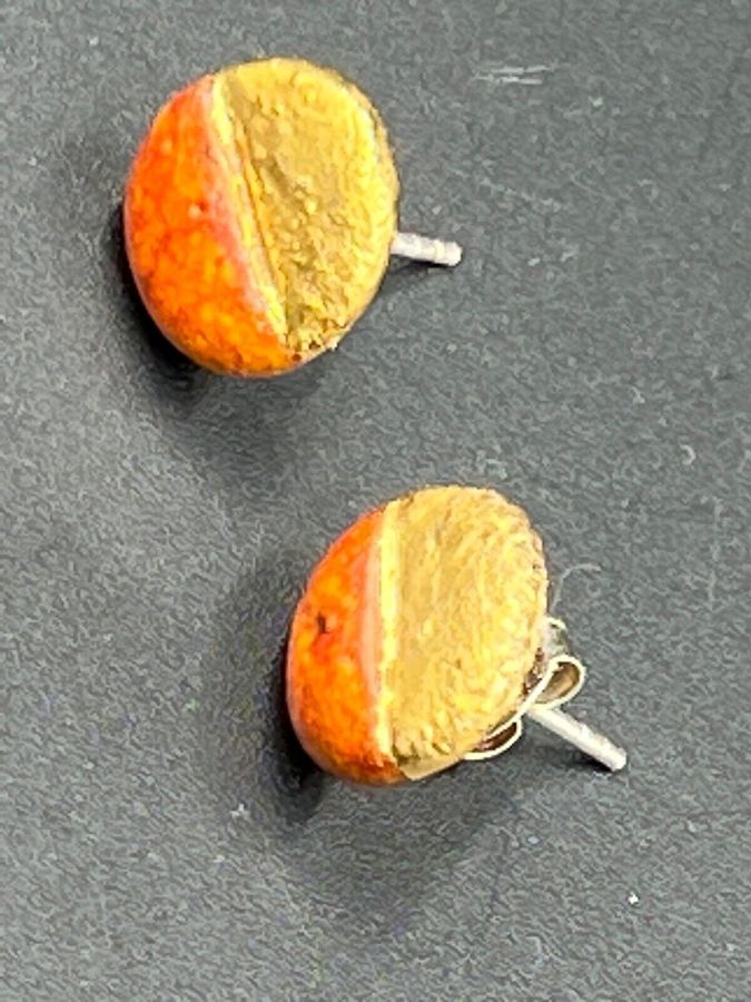 Antique Vintage Earrings Gold Leaf over Pottery Studs Handmade One off Pair Silver Backs