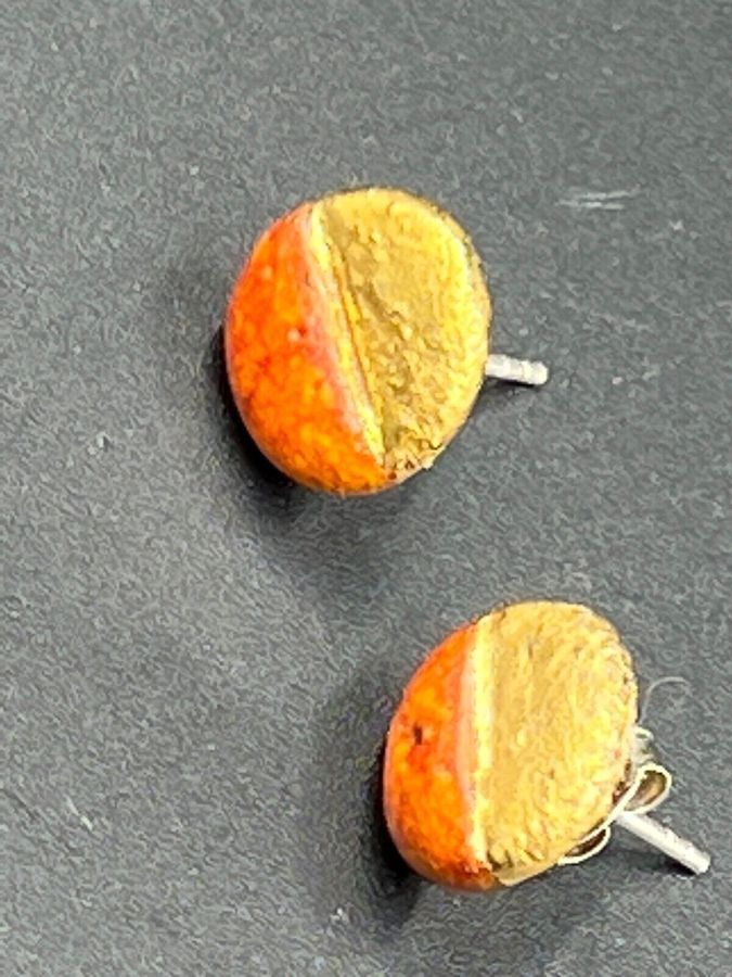 Antique Vintage Earrings Gold Leaf over Pottery Studs Handmade One off Pair Silver Backs