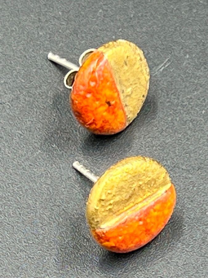 Antique Vintage Earrings Gold Leaf over Pottery Studs Handmade One off Pair Silver Backs