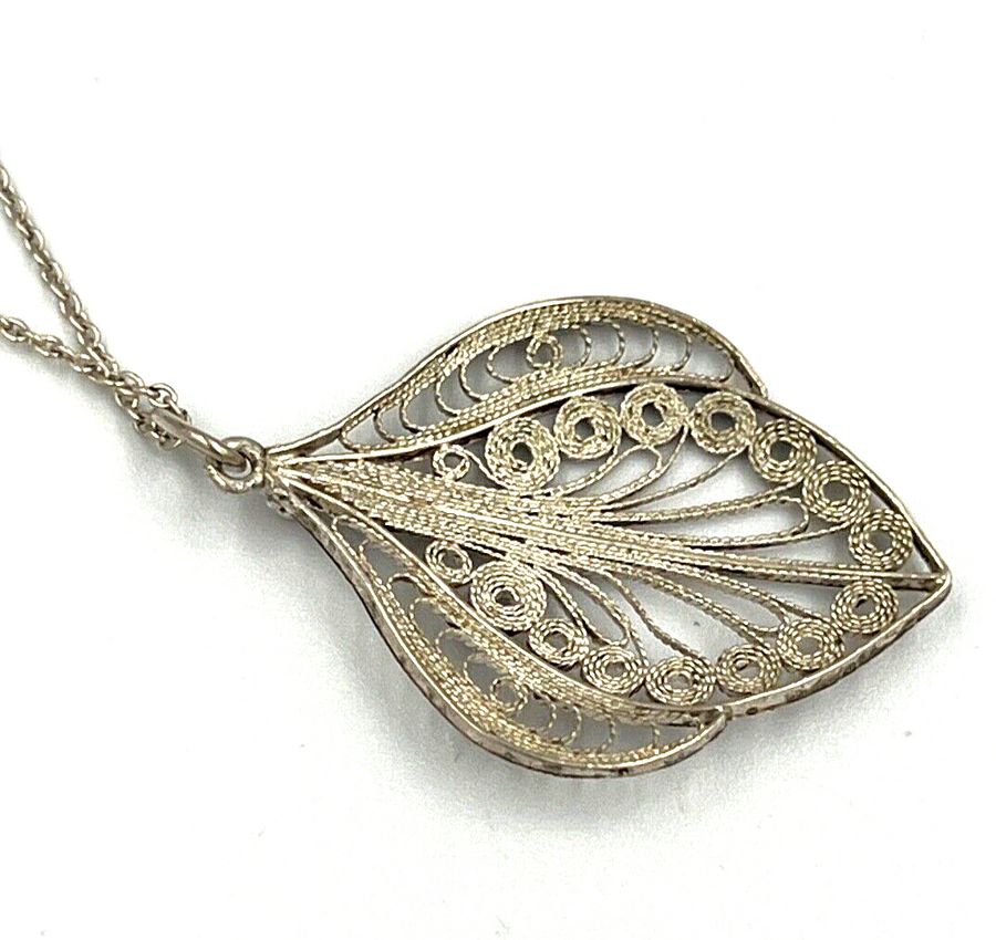 Antique Vintage Solid Silver Fine Hand Made Filigree Leaf Pendant on Silver 925 Chain