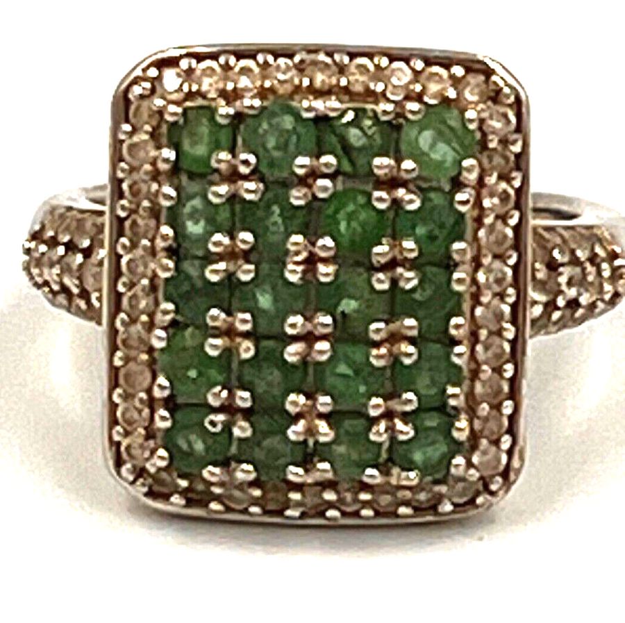 Antique Antique Art Deco Sterling Silver Emerald & White Sapphire Ring Size P 1/2  US 8