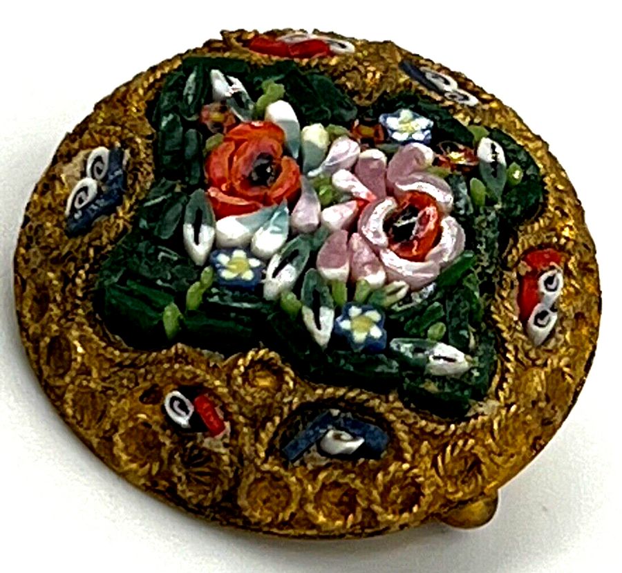 Antique Antique Micro Mosaic Brooch Domed Round Shape Venetian Glass Micro Pieces 19th C