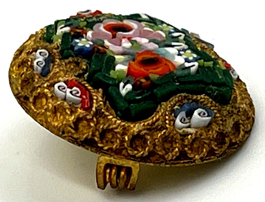 Antique Antique Micro Mosaic Brooch Domed Round Shape Venetian Glass Micro Pieces 19th C