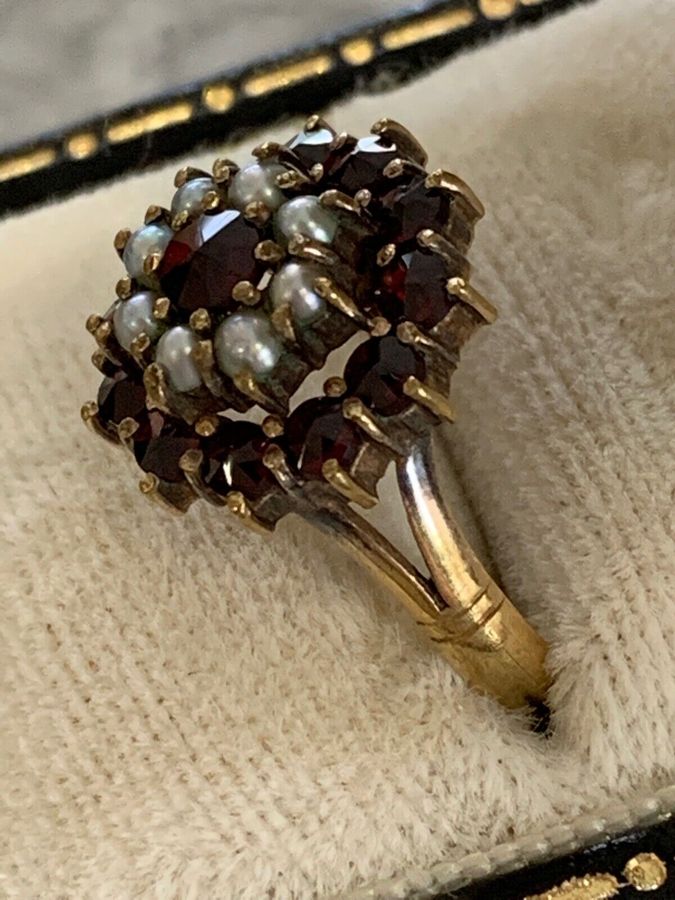 Antique 18CT Gold Scandinavian Ring Set With Black Pearls Rubies Size L