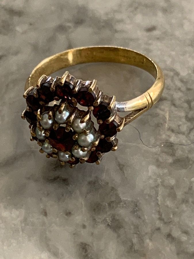 Antique 18CT Gold Scandinavian Ring Set With Black Pearls Rubies Size L