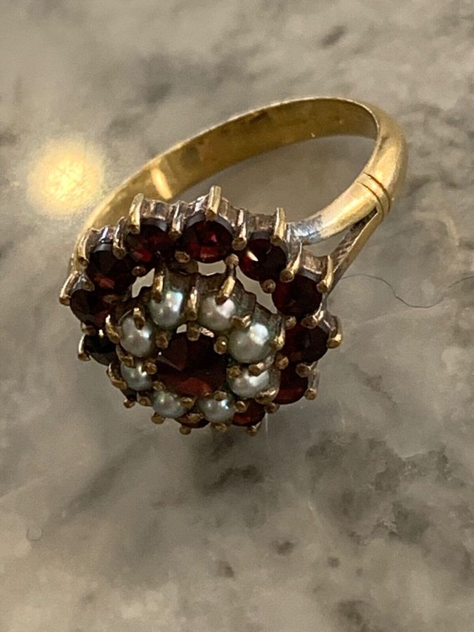 Antique 18CT Gold Scandinavian Ring Set With Black Pearls Rubies Size L