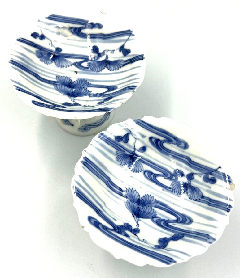 Antique Vintage Pair Miniature Japanese Pedestal Dishes Blue and  White