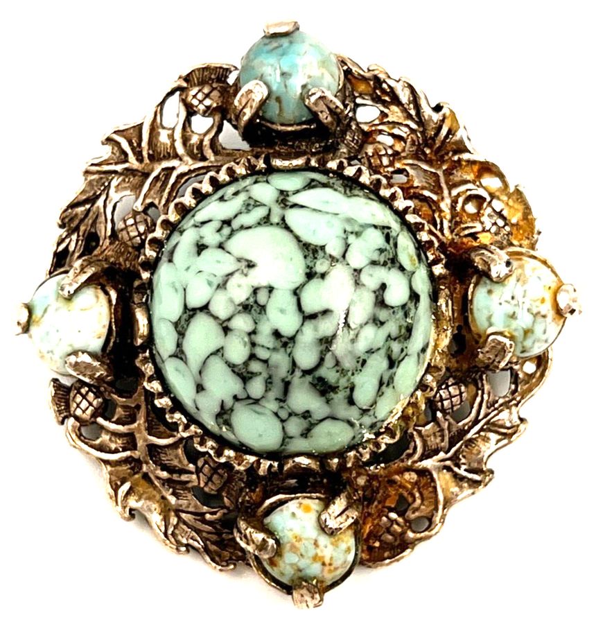 Antique Vintage  MIRACLE  Brooch Pin Czech Turquoise Cabochons And Silver Tone