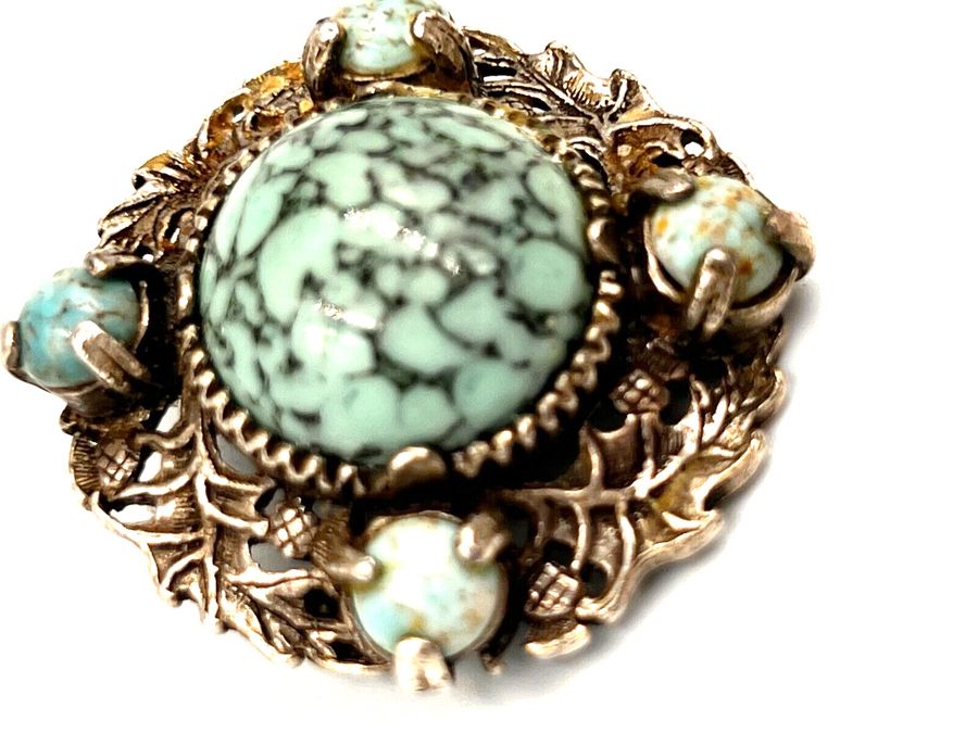 Antique Vintage  MIRACLE  Brooch Pin Czech Turquoise Cabochons And Silver Tone